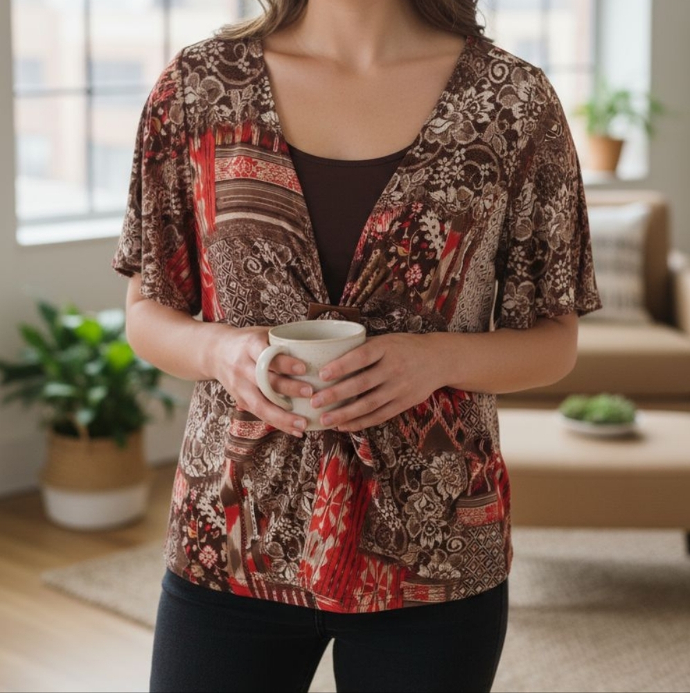 Chic Brown and Red Floral Blouse